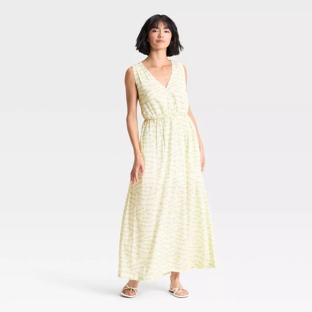 A New Day Maxi Open Back Sundress - Cream Green Fish Print Womens MEDIUM - NEW